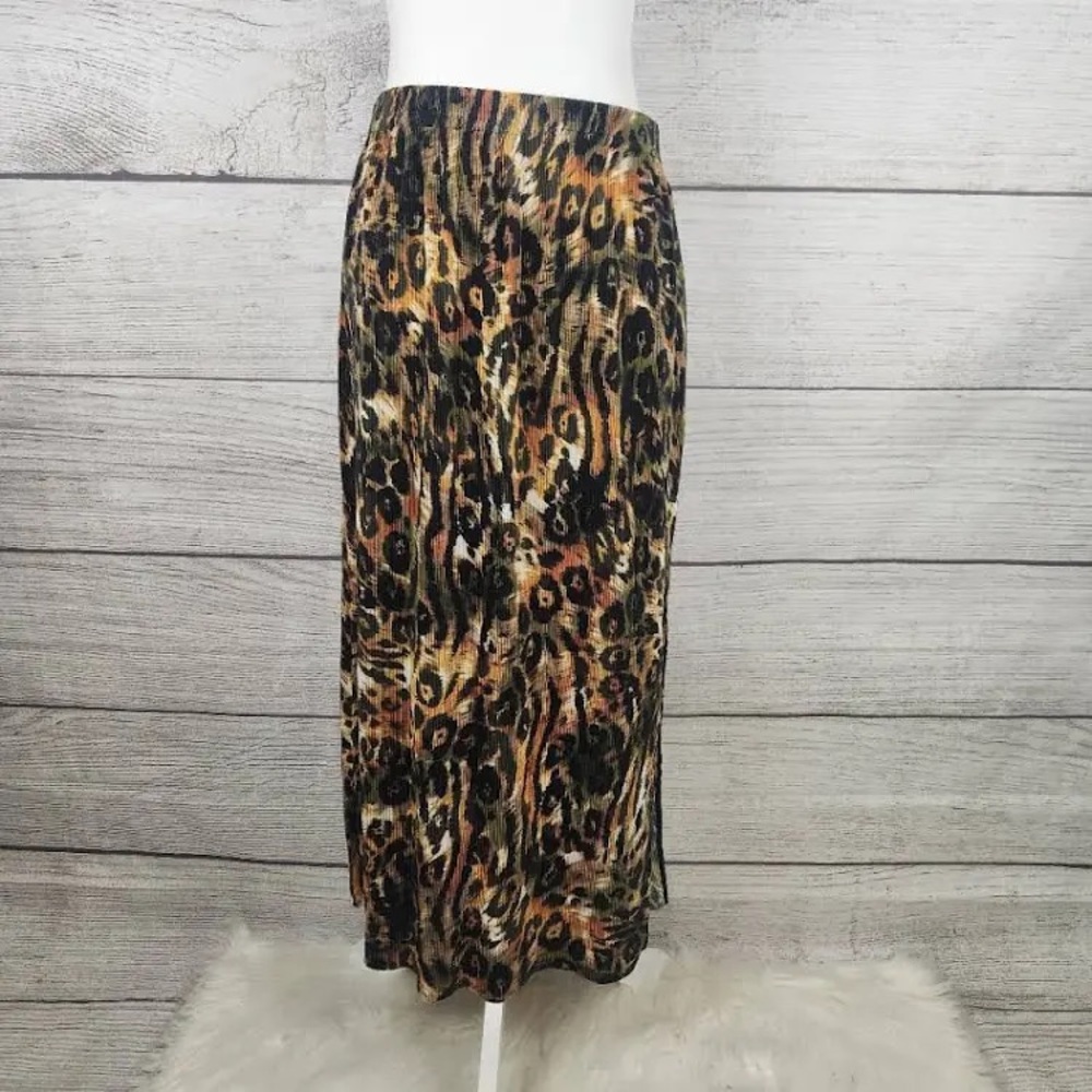DKNY Multicolor Leopard Print Maxi Silky Skirt with Side Slit Size Large